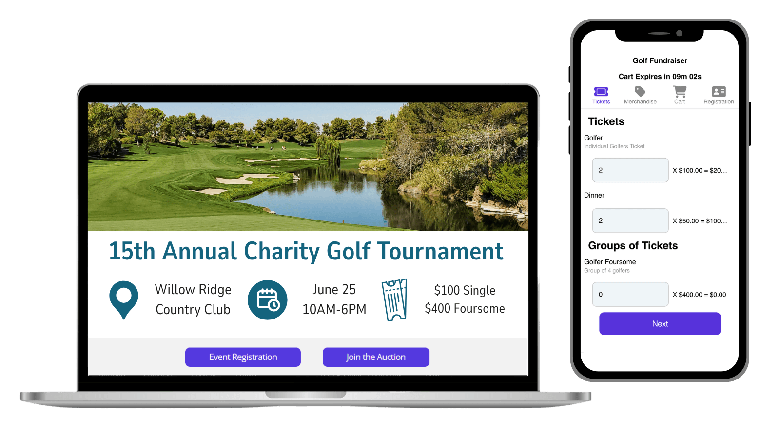 golfhomepage-hero Event software for charity golf tournaments. Landing page for golf outing with image of ticket sales.