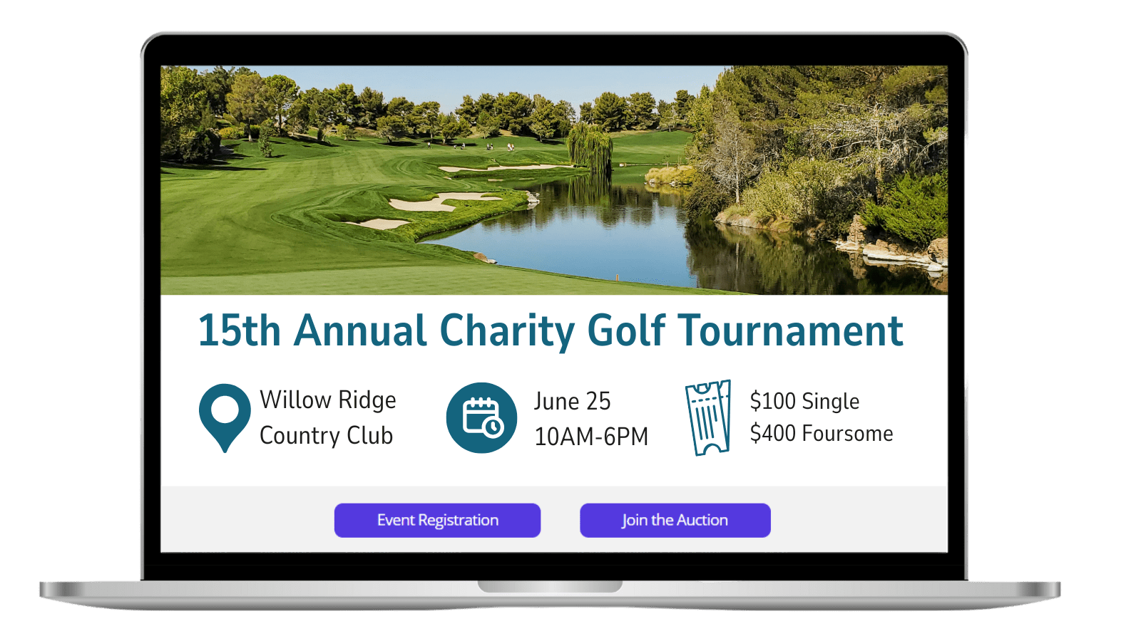 homepage-hero Charity golf tournament event page example on computer with event ticketing example displayed on mobile.