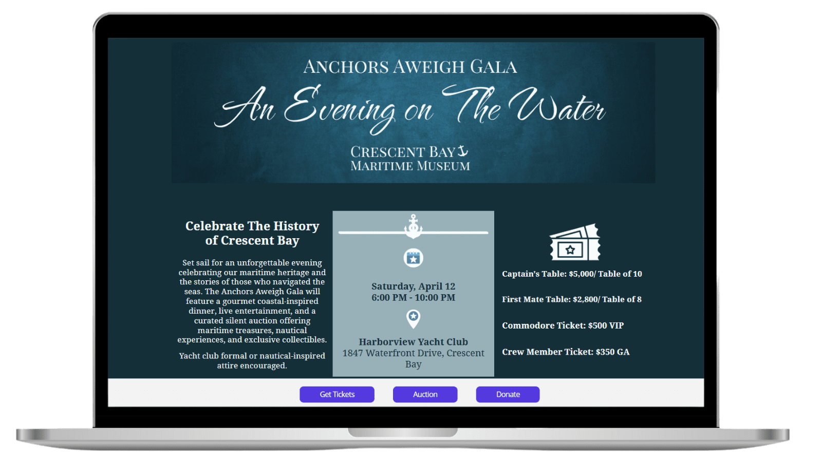 Charity golf tournament event page example on computer with event ticketing example displayed on mobile. 