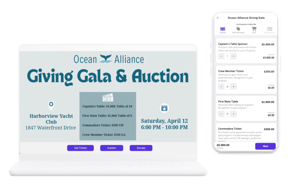 nonprofit event page and mobile ticketing images
