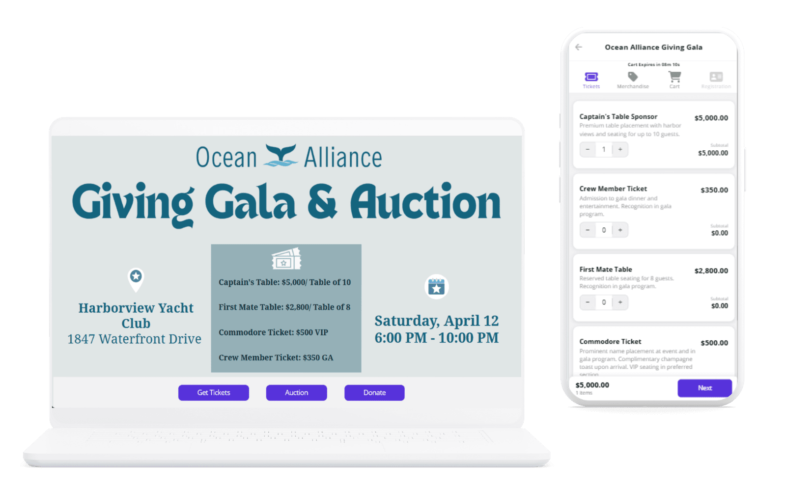 nonprofit event page and mobile ticketing images