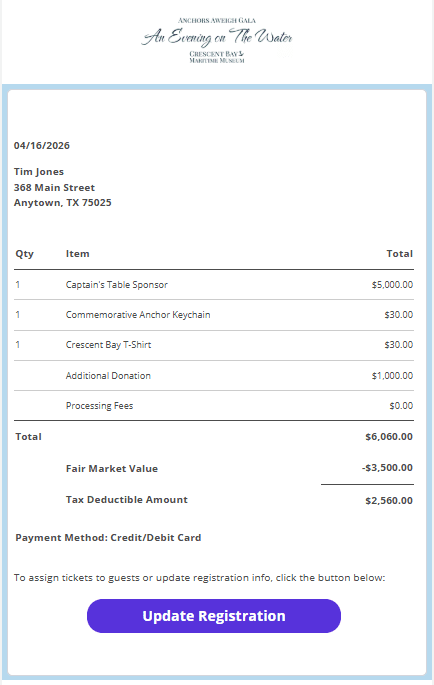 EventSnap email receipt showing fair market value.  